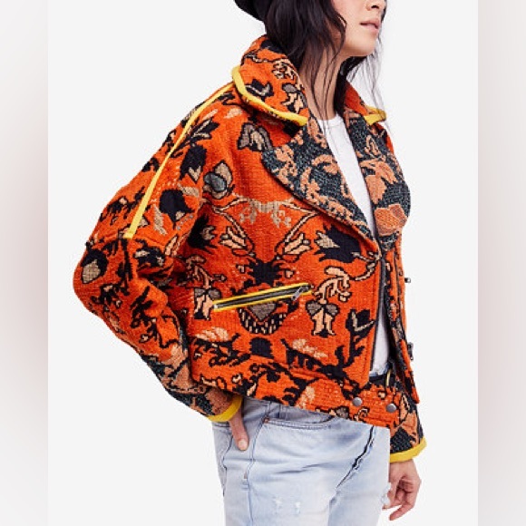 Free People Mosaic printed Boxy Moto Jacket in Orange - Picture 2 of 8